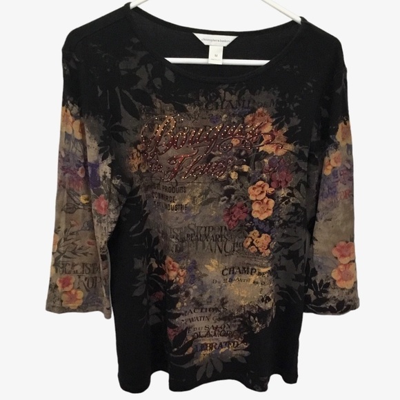 Christopher & Banks Tops - Christopher & Banks Cotton Pullover Black Top with Floral Graphic Graffiti